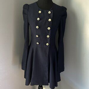 Romwe Women’s Jacket Navy Gold Button Up Long Blazer Suit Dress XS Overcoat